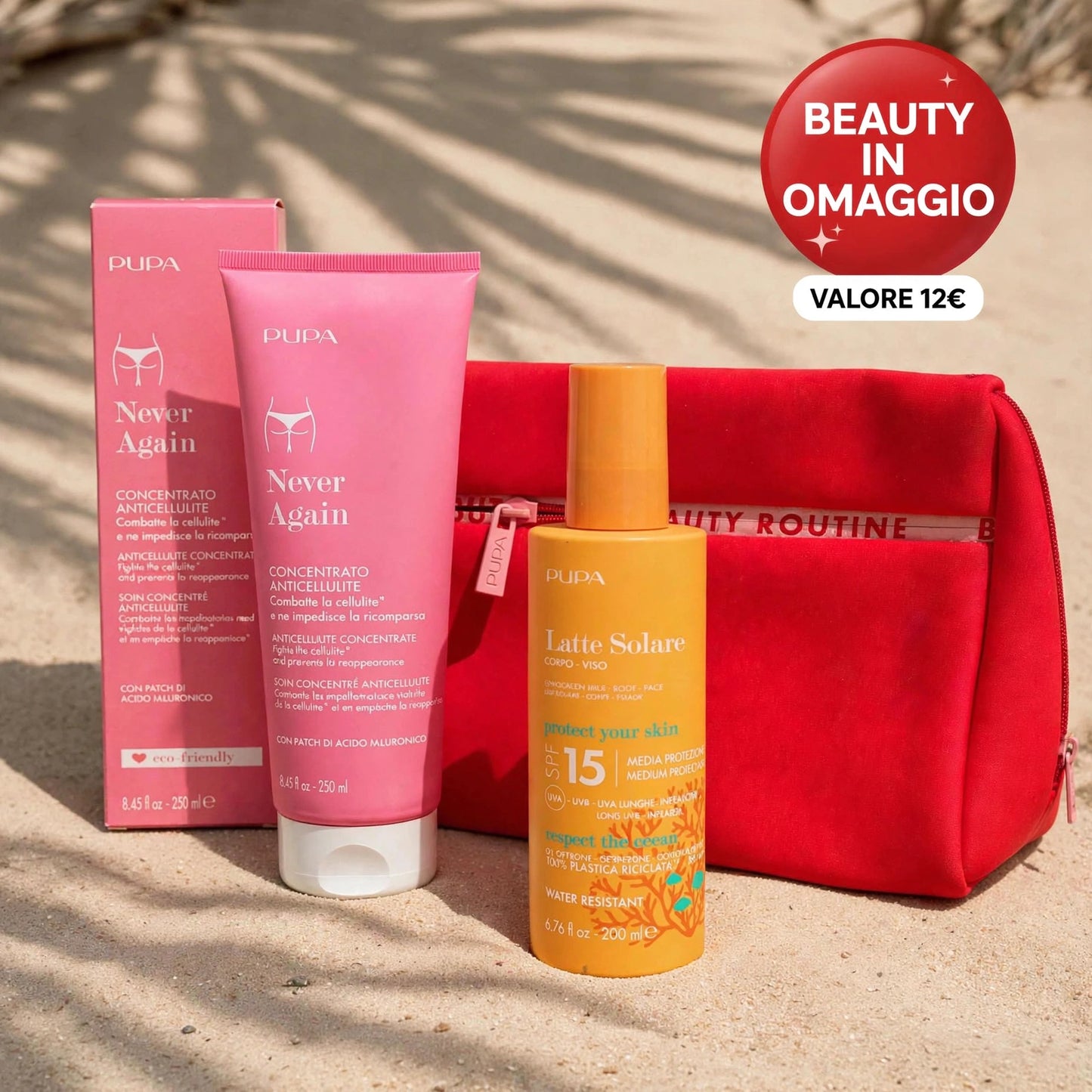 PUPA KIT Estate Gambe Lisce - Never Again 250ml + Latte Solare SPF15 200ml + Beauty OMAGGIO