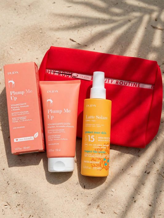PUPA KIT Estate Lato B Perfetto - Plump Me Up 150ml + Latte Solare SPF15 200ml + Beauty OMAGGIO