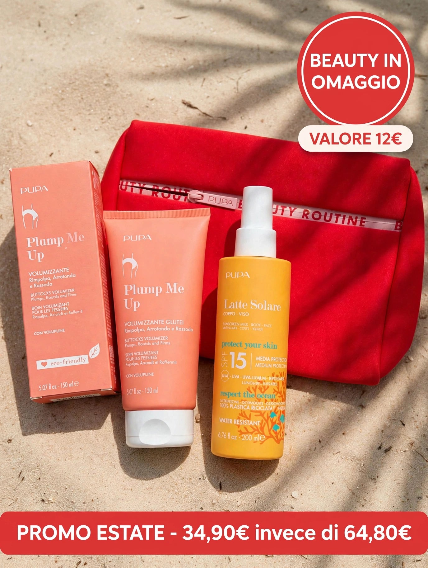 PUPA KIT Estate Lato B Perfetto - Plump Me Up 150ml + Latte Solare SPF15 200ml + Beauty OMAGGIO