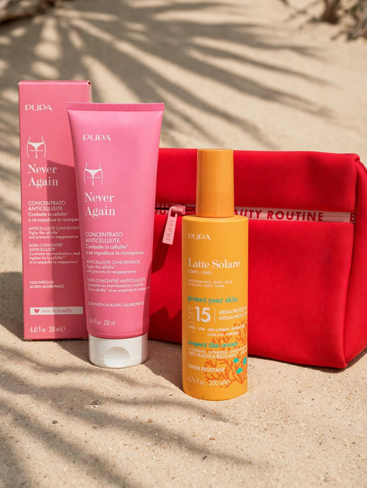 PUPA KIT Estate Gambe Lisce - Never Again 250ml + Latte Solare SPF15 200ml + Beauty OMAGGIO